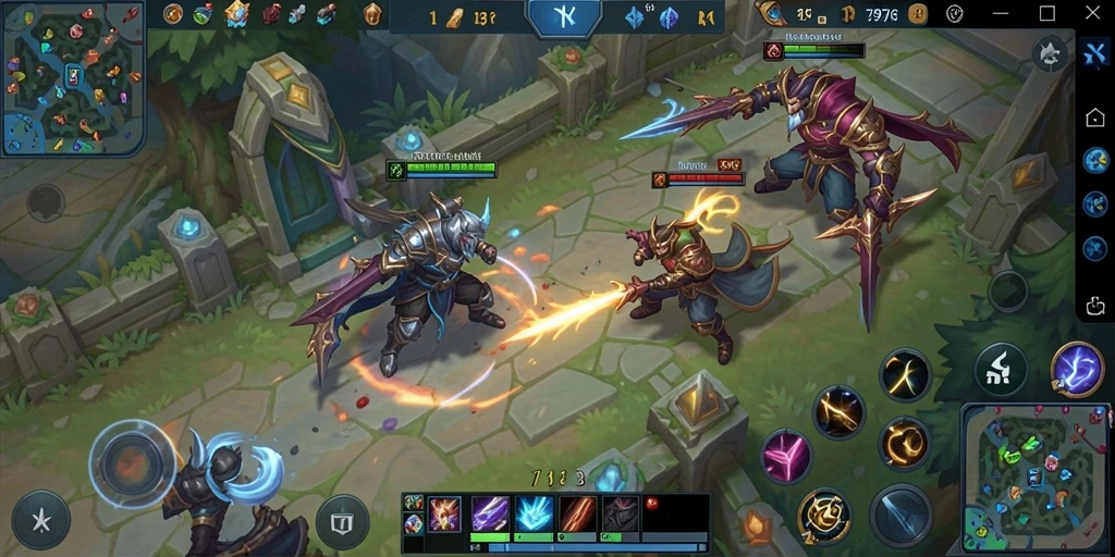 Screenshot utama 797K menampilkan pertempuran strategis antara karakter-karakter heroik.