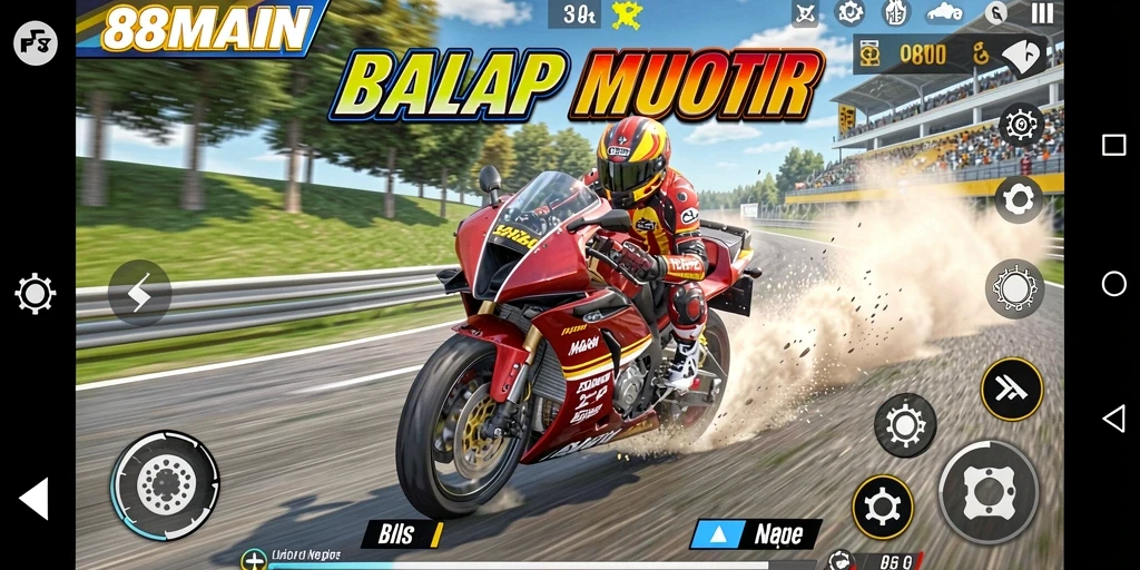Screenshot gameplay 88MAIN menampilkan balapan seru dengan motor yang cepat.