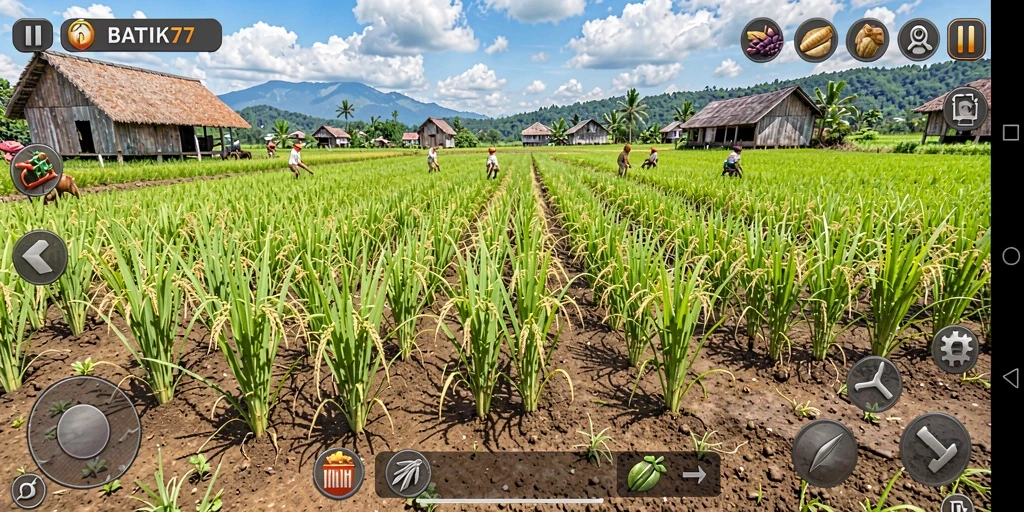 Screenshot gameplay dari <strong>BATIK77</strong> yang menunjukkan ladang yang subur dan beragam tanaman.