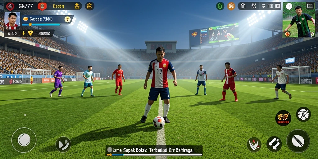 Screenshot gameplay GN777 menunjukkan aksi pertandingan sepak bola yang mendebarkan.