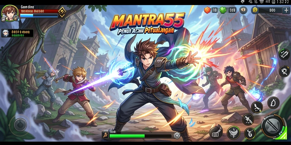 Screenshot gameplay MANTRA55 yang menampilkan pertarungan karakter anime.