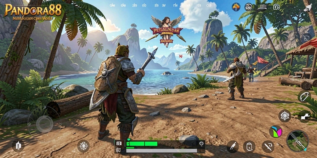 Screenshot gameplay PANDORA88 yang menampilkan karakter menjelajahi dunia terbuka.